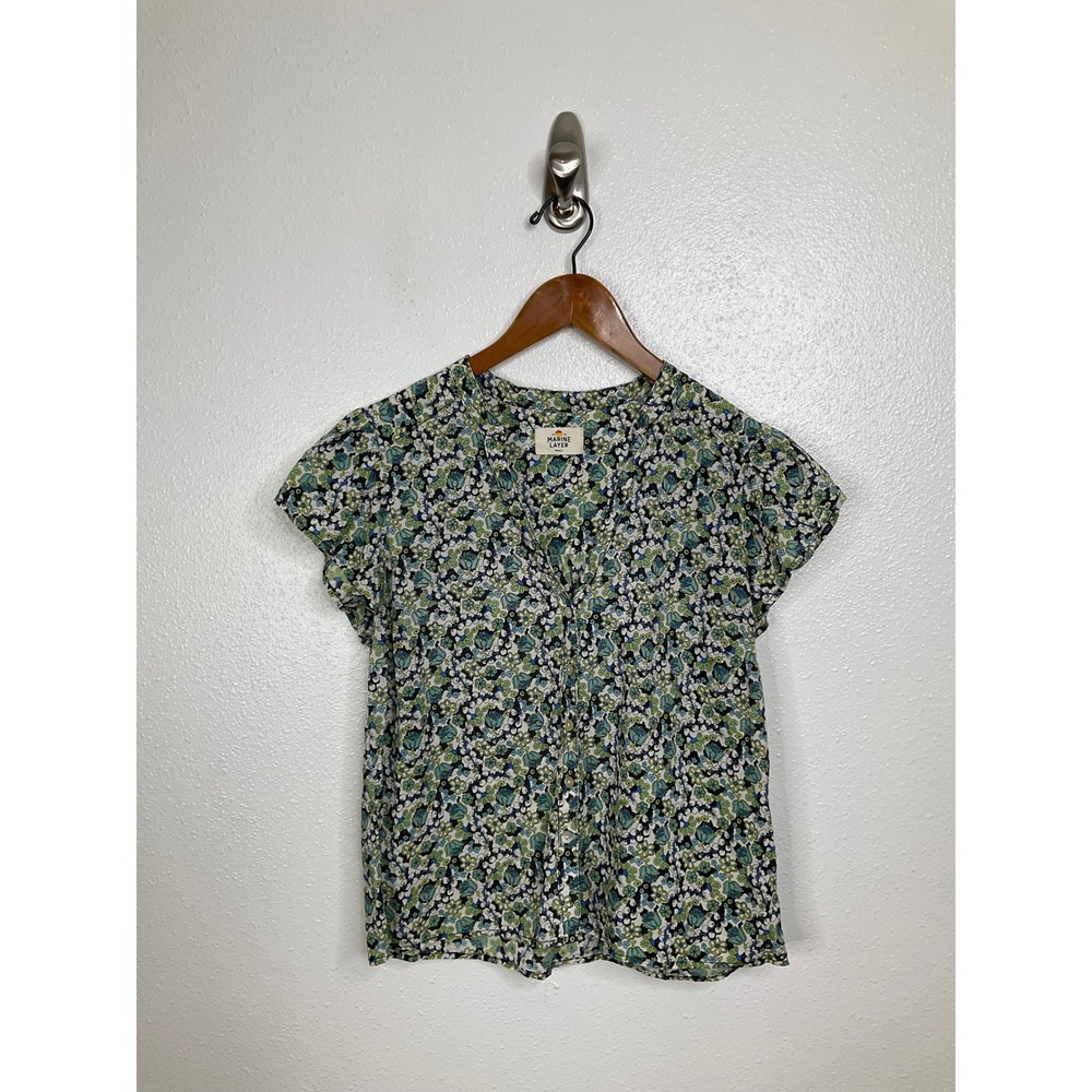 Marine Layer Floral V-Neck Short Sleeve Blouse Green Blue Small 15387